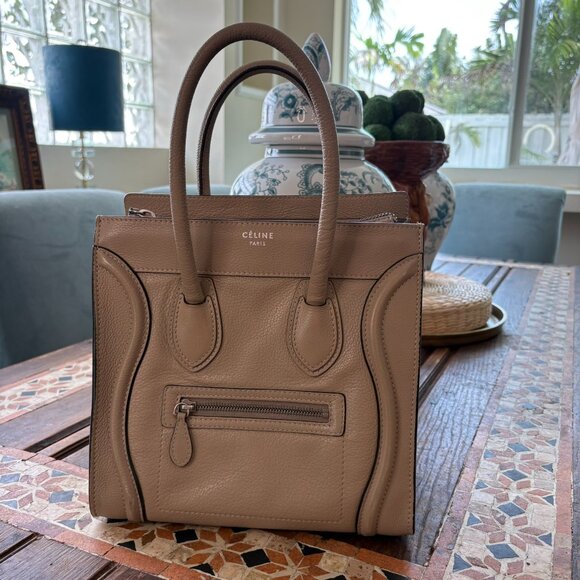 Celine Drummed Calfskin Micro Luggage Tote Dune Taupe Beige Authentic - Picture 6 of 16